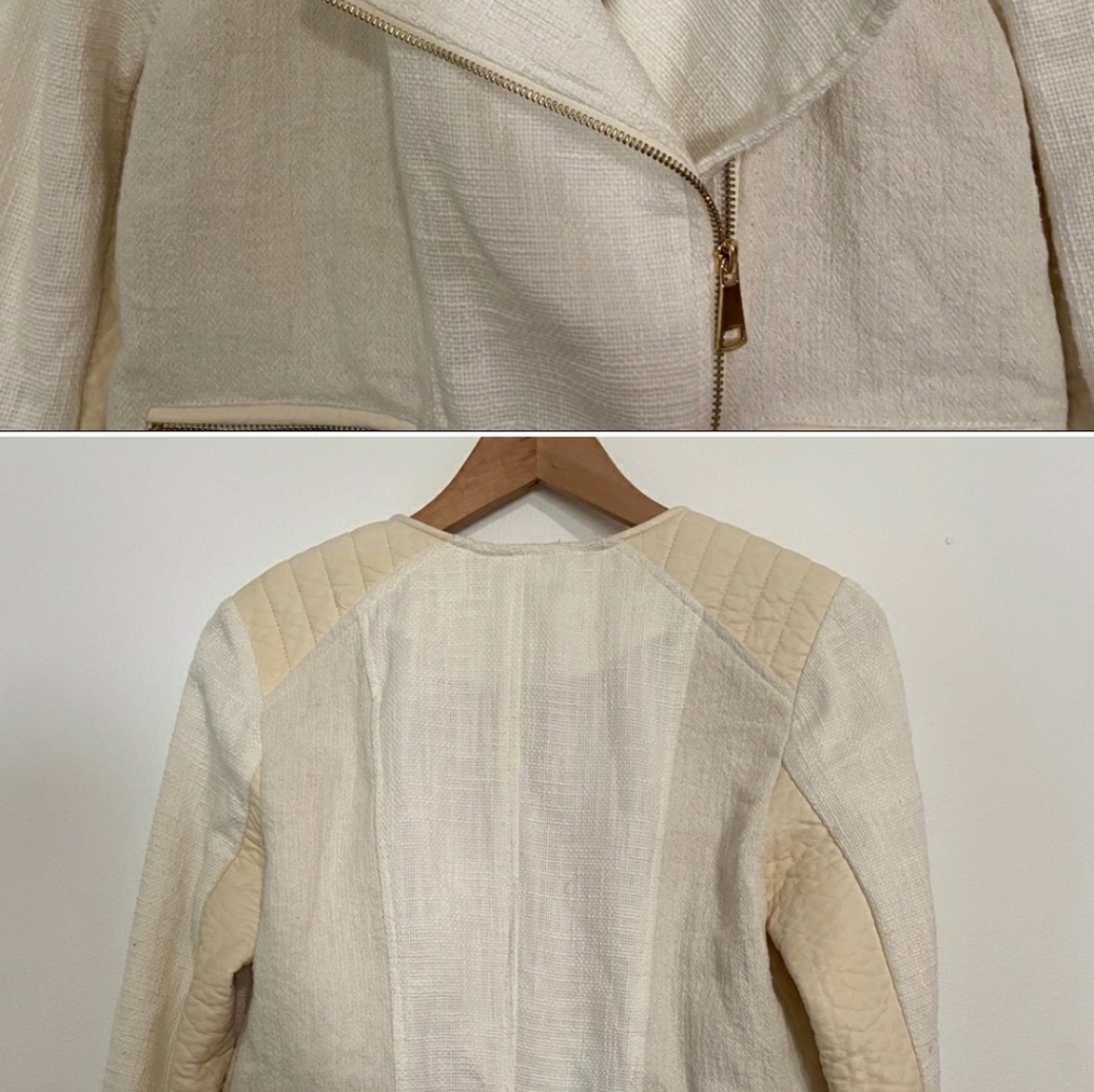 EUC tweed n faux leather cream moto jacket